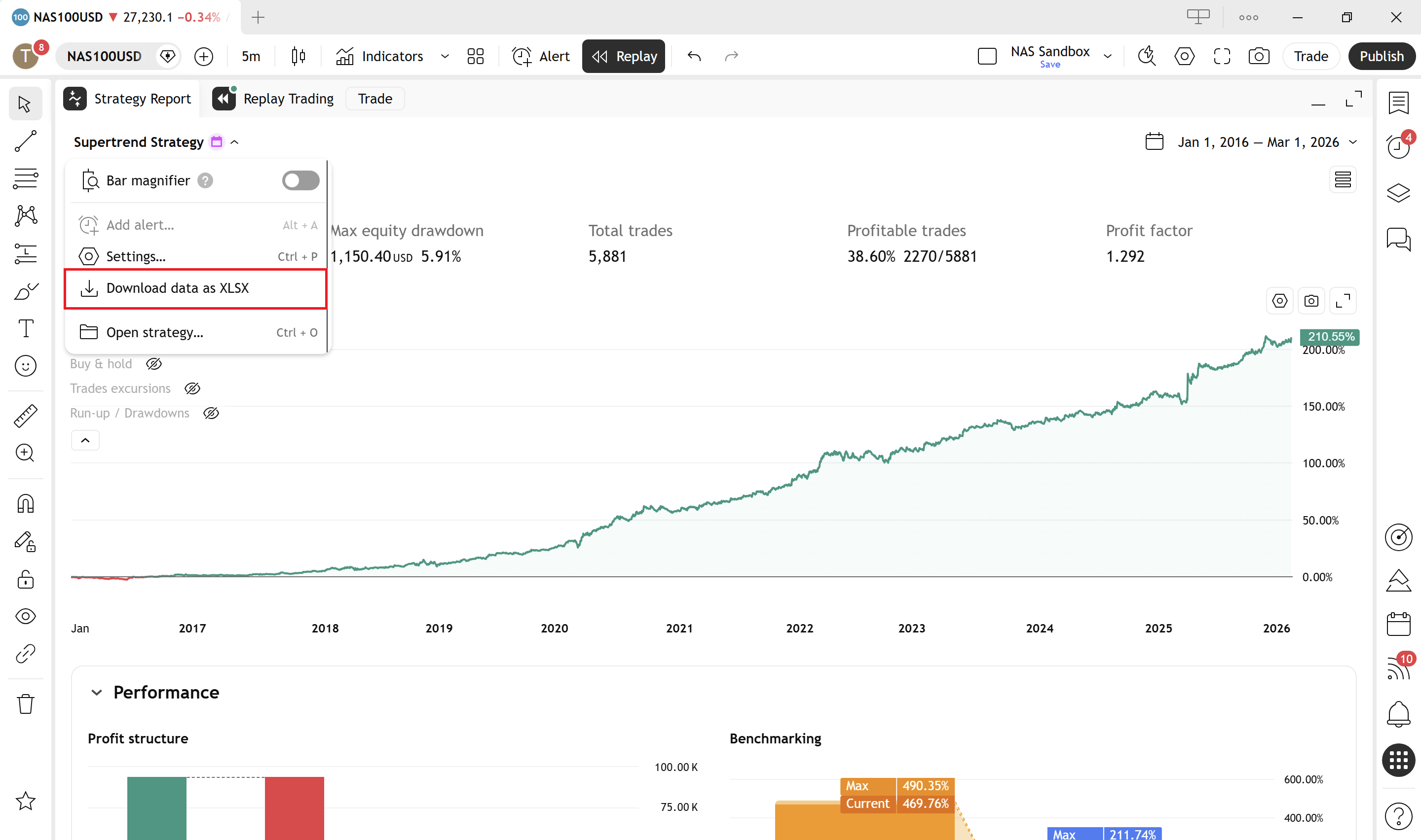 TradingView Strategy Tester data export — overview of the workbook contents