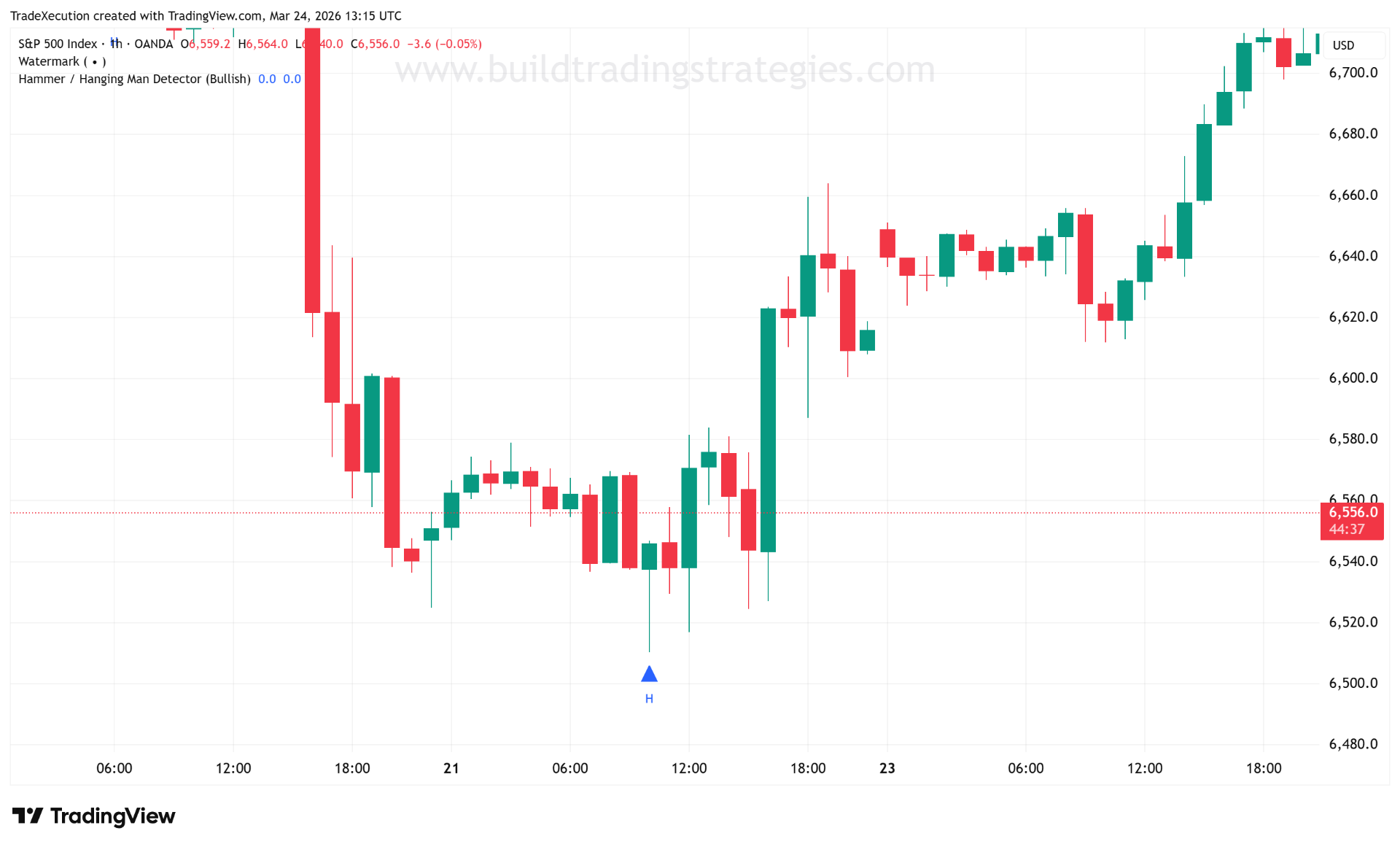 Hammer candlestick forming at support after a decline, showing rejection of lower prices